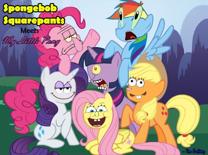 Size: 813x606 | Tagged: safe, artist:remanga17, derpibooru import, applejack, fluttershy, pinkie pie, rainbow dash, rarity, twilight sparkle, image, jpeg, meme, mr. krabs, patrick star, sandy cheeks, sheldon j. plankton, spongebob squarepants, spongebob squarepants (character), squidward tentacles, wat, what has science done