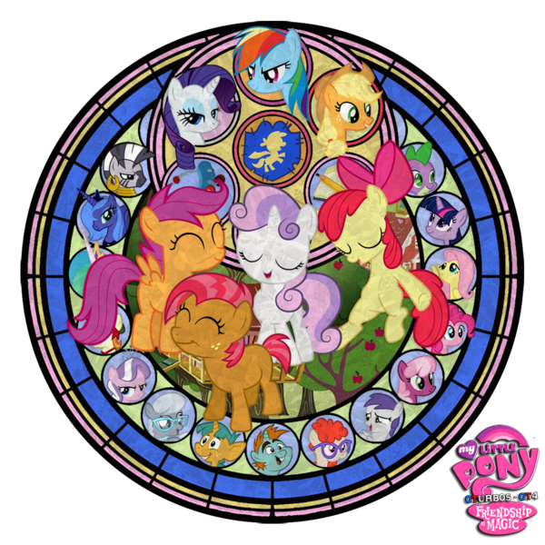 Size: 1280x1280 | Tagged: apple bloom, applejack, artist:gturbo5, babs seed, cheerilee, cutie mark crusaders, derpibooru import, diamond tiara, dive to the heart, fluttershy, kingdom hearts, logo, mane seven, mane six, my little pony logo, pinkie pie, princess celestia, princess luna, rainbow dash, rarity, safe, scootaloo, silver spoon, simple background, snails, snips, spike, stained glass, sweetie belle, tag-a-long, transparent background, twilight sparkle, twist, vector, zebra, zecora