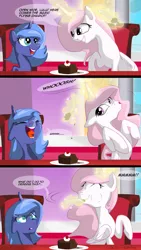 Size: 1080x1920 | Tagged: safe, artist:lunarcakez, derpibooru import, princess celestia, princess luna, alicorn, pony, comic:the cake, cake, cakelestia, cewestia, comic, crying, cute, eating, eyes closed, feeding, female, filly, floppy ears, food, grin, levitation, lunabuse, magic, mare, open mouth, pink-mane celestia, puffy cheeks, pure unfiltered evil, raised hoof, sitting, smiling, table, teasing, telekinesis, tongue out, trollestia, woona, younger