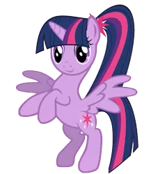 Size: 559x615 | Tagged: safe, artist:winxflorabloomroxy, derpibooru import, twilight sparkle, twilight sparkle (alicorn), alicorn, pony, alternate hairstyle, female, looking at you, mare, pegasus wings, ponytail, simple background, smiling, solo, spread wings, transparent background, vector, wings
