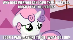 Size: 624x345 | Tagged: safe, derpibooru import, edit, edited screencap, screencap, sweetie belle, pony, unicorn, caption, cute, diabetes, diasweetes, female, filly, image macro, naive sweetie belle, naivete of youth, sad, solo