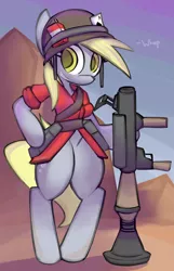 Size: 1364x2114 | Tagged: safe, artist:whoop, derpibooru import, derpy hooves, pony, bipedal, bottomless, clothes, hat, mountain, partial nudity, rocket launcher, smiling, soldier, solo, team fortress 2, underp, weapon