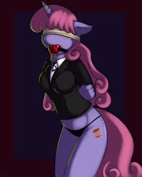 Size: 800x1000 | Tagged: anthro, anthro oc, artist:kloudmutt, ballgag, belly button, blindfold, blushing, bondage, breasts, clothes, curvy, derpibooru import, drool, female, gag, oc, oc:velvet, panties, shirt, solo, solo female, suggestive, underwear, unofficial characters only