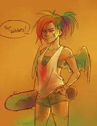 Size: 770x1000 | Tagged: artist:schpog, derpibooru import, humanized, rainbow dash, safe, skateboard, solo, vulgar, winged humanization