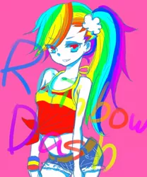 Size: 500x600 | Tagged: safe, artist:yuzuko, derpibooru import, rainbow dash, equestria girls, belly button, clothes, daisy dukes, front knot midriff, humanized, midriff, pixiv, ponytail, psychedelic, shorts, solo, spaghetti top