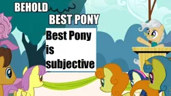 Size: 960x540 | Tagged: behold, best pony, bon bon, caramel, carrot top, derpibooru import, edit, edited screencap, golden harvest, image macro, lemon hearts, mayor mare, meme, parasol, safe, screencap, sweetie drops, the last roundup, truth