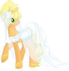 Size: 2661x2723 | Tagged: alternate hairstyle, applejack, artist:bigbuxart, clothes, dress, looking back, pretty, safe, simple background, solo, wedding dress