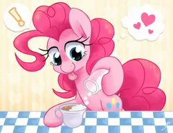 Size: 2400x1843 | Tagged: safe, artist:steffy-beff, derpibooru import, pinkie pie, cute, diapinkes, exclamation point, food, heart, hoof hold, pictogram, solo, speech bubble, sugar (food), sugarcube, tea, teacup, thought bubble, tongue out