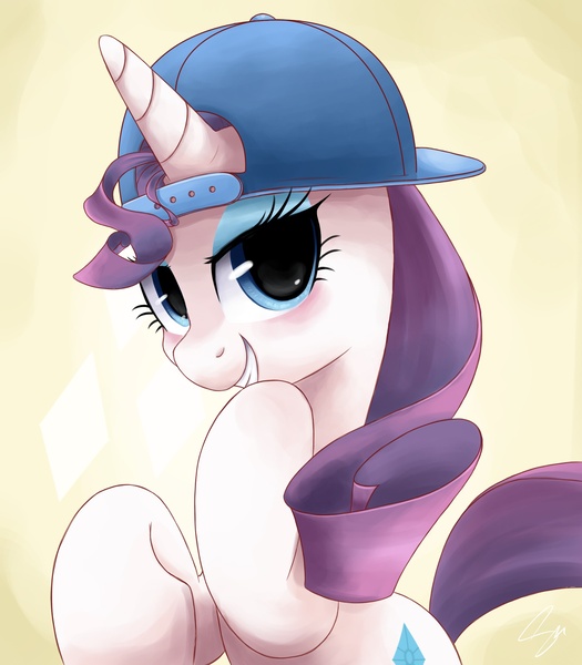 Size: 2100x2400 | Tagged: safe, artist:steffy-beff, derpibooru import, rarity, pony, unicorn, backwards ballcap, baseball cap, blushing, cap, eyeshadow, female, gangsta, grin, hat, hilarious in hindsight, looking at you, makeup, mare, portrait, raised hoof, smiling, snapback, solo