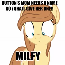 Size: 1350x1350 | Tagged: safe, artist:jan, derpibooru import, oc, oc:cream heart, unofficial characters only, earth pony, pony, button's adventures, cutie mark, drama bait, female, image macro, jossed, mare, milf, simple background, solo, text, white background
