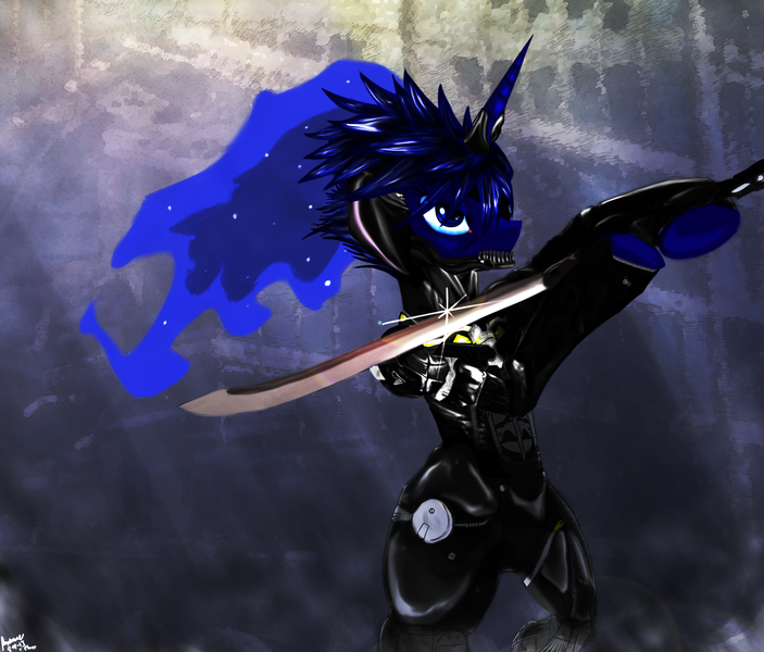 Size: 3000x2560 | Tagged: safe, artist:rixnane, derpibooru import, princess luna, cyborg, pony, armor, badass, bipedal, katana, konami, metal gear, metal gear rising, metal gear solid, parody, raiden, solo, sword, weapon