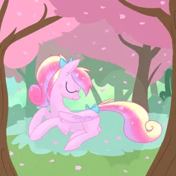 Size: 750x750 | Tagged: safe, artist:meekcheep, derpibooru import, princess cadance, pegasus, pony, beautiful, bow, cherry orchard, cherry tree, pegasus cadance, ponytail, smiling, solo, sparkles, tail bow, tree