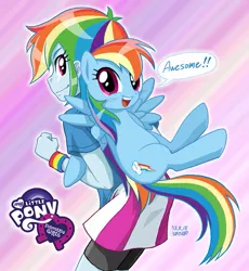 Size: 689x750 | Tagged: safe, artist:uotapo, derpibooru import, rainbow dash, pegasus, pony, equestria girls, awesome, back to back, blushing, clothes, cute, dashabetes, equestria girls logo, female, human ponidox, looking at you, mare, open mouth, skirt, spread wings, uotapo is trying to murder us, wristband