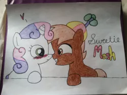 Size: 1024x765 | Tagged: artist:kyle-fan1166, blushing, button mash, derpibooru import, female, male, safe, shipping, straight, sweetie belle, sweetiemash, toy ship, traditional art