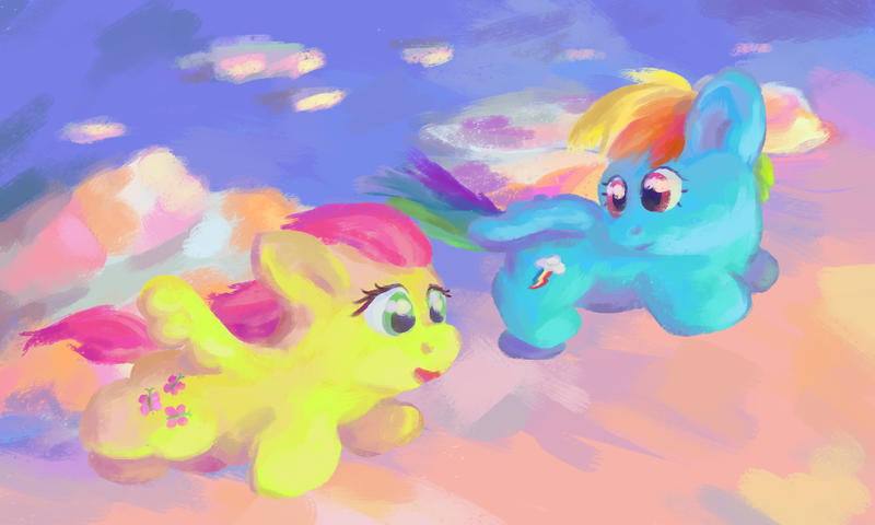 Size: 1000x600 | Tagged: artist:danielpon, derpibooru import, fluttershy, flying, rainbow dash, safe