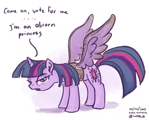 Size: 1000x808 | Tagged: safe, artist:king-kakapo, derpibooru import, twilight sparkle, twilight sparkle (alicorn), alicorn, pony, 30 minute art challenge, cardboard cutout, cardboard wings, dialogue, fake wings, female, frown, glare, looking at you, mare, scowl, solo, spread wings, standing, twilight is not amused, unamused, unimpressed, wings