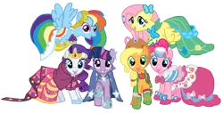 Size: 1706x867 | Tagged: applejack, artist:schnuffitrunks, clothes, derpibooru import, dress, fluttershy, gala dress, mane six, pinkie pie, rainbow dash, rarity, safe, twilight sparkle