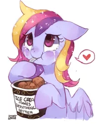 Size: 770x965 | Tagged: safe, artist:suikuzu, derpibooru import, oc, unofficial characters only, pegasus, pony, comfort eating, crying, eating, food, heart, ice cream, looking up, pictogram, sad, solo, spoon