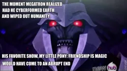 Size: 600x335 | Tagged: barely pony related, brony megatron, derpibooru import, hub logo, megatron, meta, roflbot, safe, text, transformers, transformers prime