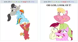 Size: 523x281 | Tagged: safe, derpibooru import, big macintosh, daisy, flower wishes, lily, lily valley, octavia melody, rainbow dash, roseluck, earth pony, pony, exploitable meme, flower trio, juxtaposition, juxtaposition win, male, meme, stallion, the horror