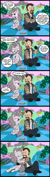 Size: 571x2000 | Tagged: safe, artist:madmax, derpibooru import, pinkie pie, human, pony, comic, crossover, crossover shipping, discorded, family guy, female, francis, human fetish, human on pony action, kismesis, kissing, left 4 dead, male, reference, shipping, straight, wat