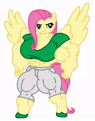 Size: 620x789 | Tagged: anthro, artist:knox2008, breasts, buff breasts, busty fluttershy, clothes, derpibooru import, female, fetish, fluttershy, muscle fetish, muscles, muscleshy, solo, solo female, suggestive