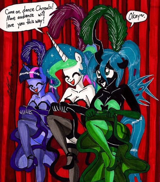 Size: 1386x1576 | Tagged: anthro, artist:newyorkx3, can-can, can-can dress, cleavage, clothes, dancing, derpibooru import, dress, female, plantigrade anthro, princess celestia, queen chrysalis, safe, shoes, skirt, skirt lift, stockings, traditional art, twilight sparkle