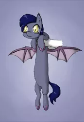 Size: 900x1300 | Tagged: safe, artist:239asd, derpibooru import, oc, unofficial characters only, bat pony, pony, cute, fangs, fluffy, frown, hand, holding a pony, long pony, longcat, solo, spread wings, wide eyes