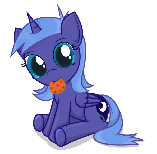 Size: 1528x1500 | Tagged: artist:negasun, cookie, cute, filly, lunabetes, mouth hold, princess luna, safe, sitting, solo, weapons-grade cute, woona
