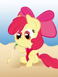 Size: 1728x2304 | Tagged: anthro, apple bloom, artist:pinksaphires, beach, clothes, derpibooru import, one-piece swimsuit, safe, sandcastle, solo, swimsuit