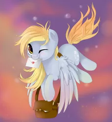 Size: 2200x2400 | Tagged: safe, artist:fikakorv, derpibooru import, derpy hooves, pegasus, pony, bag, cute, derpabetes, female, flying, letter, mail, mare, mouth hold, solo, wink