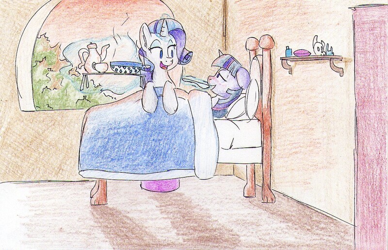 Size: 1257x812 | Tagged: artist:goat train, bed, bedroom, billow, bowl, cup, derpibooru import, feeding, magic, rarity, room, safe, sick, soup, spoon, tea, teacup, teapot, telekinesis, traditional art, tray, twilight sparkle