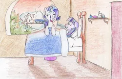 Size: 1257x812 | Tagged: artist:goat train, bed, bedroom, billow, bowl, cup, derpibooru import, feeding, magic, rarity, room, safe, sick, soup, spoon, tea, teacup, teapot, telekinesis, traditional art, tray, twilight sparkle