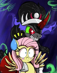Size: 1100x1401 | Tagged: safe, artist:daniel-sg, derpibooru import, fluttershy, king sombra, pegasus, pony, unicorn, blushing, cape, clothes, colored horn, curved horn, fangs, female, gritted teeth, horn, male, mare, sombra eyes, sombra's horn, sombrashy, stallion, straight, sweat, sweatdrop