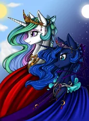 Size: 1066x1446 | Tagged: safe, artist:longinius, derpibooru import, princess celestia, princess luna, alicorn, pony, alternate hairstyle, beautiful, cape, clothes, crown, detailed, dress, duo, ethereal mane, eyeshadow, female, flowing mane, hair bow, jewelry, makeup, mare, moon, multicolored mane, necklace, regalia, royal sisters, siblings, sisters, smiling, starry mane, sun