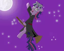 Size: 2000x1600 | Tagged: safe, artist:hanswurst10, derpibooru import, twilight sparkle, broom, crown, derp, floppy ears, flying, flying broomstick, full moon, mare in the moon, moon, night, night sky, open mouth, sitting, solo, stars, twilight snapple, witch