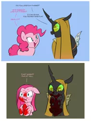 Size: 910x1205 | Tagged: grimdark, artist:carnifex, derpibooru import, pinkie pie, changeling queen oc, oc, oc:ambrosia, changeling, changeling queen, earth pony, pony, blood, changeling oc, comic, cute, eye contact, female, floppy ears, frown, grimcute, implied murder, lip bite, mare, open mouth, pinkamena diane pie, sad, smiling, wide eyes, yellow changeling