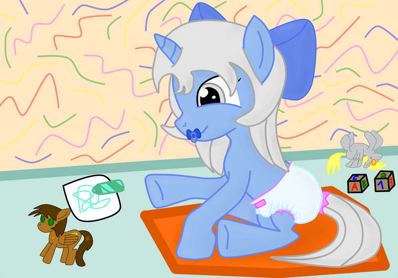 Size: 1280x896 | Tagged: safe, artist:emerald rush, derpibooru import, derpy hooves, oc, oc:emerald rush, oc:filly moonshine, pegasus, pony, unicorn, diaper, plushie