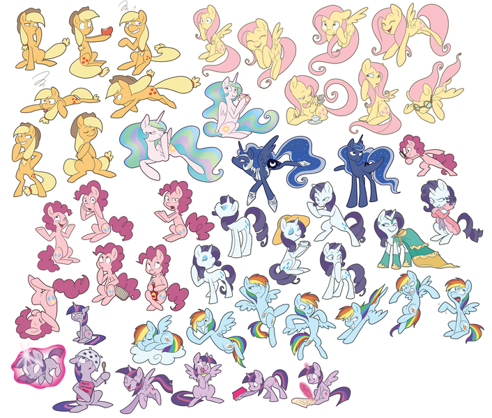 Size: 5500x4673 | Tagged: safe, artist:pixel-prism, derpibooru import, applejack, fluttershy, pinkie pie, princess celestia, princess luna, rainbow dash, rarity, twilight sparkle, twilight sparkle (alicorn), alicorn, mouse, pony, absurd resolution, apple, bathrobe, bed mane, bedroom eyes, bipedal, cake, cakelestia, clothes, dress, element of magic, female, filly, goggles, hat, ketchup, mane six, mare, sketch dump, tea