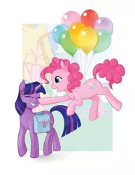 Size: 1024x1325 | Tagged: safe, artist:lemondevil, derpibooru import, pinkie pie, twilight sparkle, balloon, boop, eyes closed, female, floating, happy, lesbian, saddle bag, shipping, then watch her balloons lift her up to the sky, twinkie