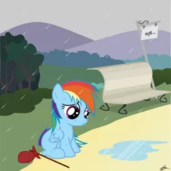 Size: 4002x4000 | Tagged: artist:crimsonlynx97, bench, bindle, cute, derpibooru import, filly, filly rainbow dash, frown, homeless, puddle, rain, rainbow dash, sad, safe, sitting, solo, wet