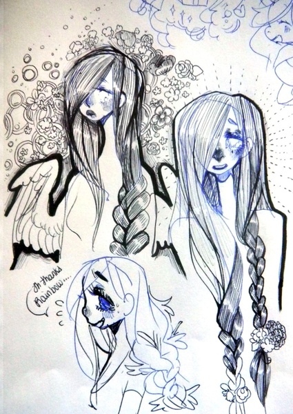 Size: 733x1036 | Tagged: safe, artist:costly, derpibooru import, fluttershy, braid, humanized, sketch dump, traditional art