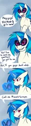 Size: 800x3200 | Tagged: safe, artist:modof10th, derpibooru import, vinyl scratch, ask transdjpon-3, comic, goggles, record scrape, smiling, solo, speech bubble, transgender, trans vinyl, tumblr