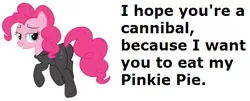 Size: 549x222 | Tagged: suggestive, derpibooru import, pinkie pie, earth pony, pony, bedroom eyes, bronybait, butt, caption, catsuit, female, image macro, implied cunnilingus, implied oral, implied sex, innuendo, kinkie pie, latex, looking at you, mare, pickup lines, plot, pun, solo, text