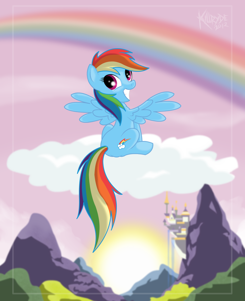 Size: 1624x2000 | Tagged: safe, artist:killryde, derpibooru import, rainbow dash, pegasus, pony, canterlot, cloud, looking at you, on a cloud, rainbow, sitting, solo