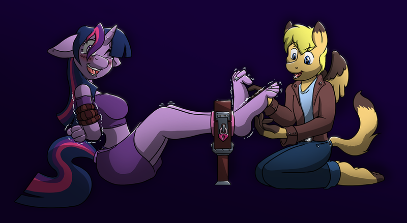 Size: 1120x615 | Tagged: suggestive, artist:caroo, derpibooru import, twilight sparkle, oc, oc:flicker feather, anthro, plantigrade anthro, anthro oc, barefoot, blushing, bondage, bondage furniture, box tied, breasts, canon x oc, clothes, crying, erotic tickling, feet, female, fetish, foot fetish, laughing, male, male feet, one eye closed, padlock, rope, rope bondage, soles, stocks, tears of laughter, tickle fetish, tickle torture, tickling, toe ring, toes, wings