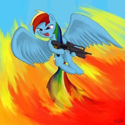 Size: 894x894 | Tagged: safe, artist:ultimiant, derpibooru import, rainbow dash, fire, gun, solo