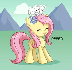 Size: 1200x1171 | Tagged: safe, artist:andrewc691, derpibooru import, fluttershy, rabbit, :3, :p, cute, eyes closed, flower, flower in hair, pfft, raspberry, shyabetes, solo, tongue out