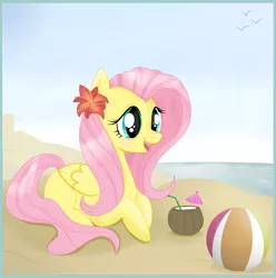 Size: 2168x2186 | Tagged: artist:balloons504, beach, beach ball, coconut, derpibooru import, drink, flower, fluttershy, safe, solo, straw