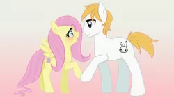 Size: 1536x864 | Tagged: safe, artist:shellah, derpibooru import, angel bunny, fluttershy, ponified, earth pony, pegasus, pony, angelshy, blushing, dream, female, gradient background, jpeg, looking at each other, male, ponified pony pets, race swap, shipping, straight